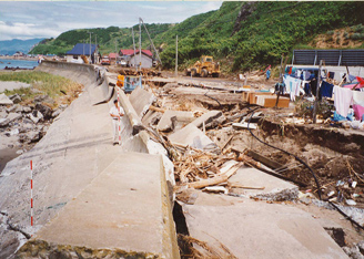 View of a tsunami-stricken area due to the 1993 Hokkaido Nansei-oki Earthquake