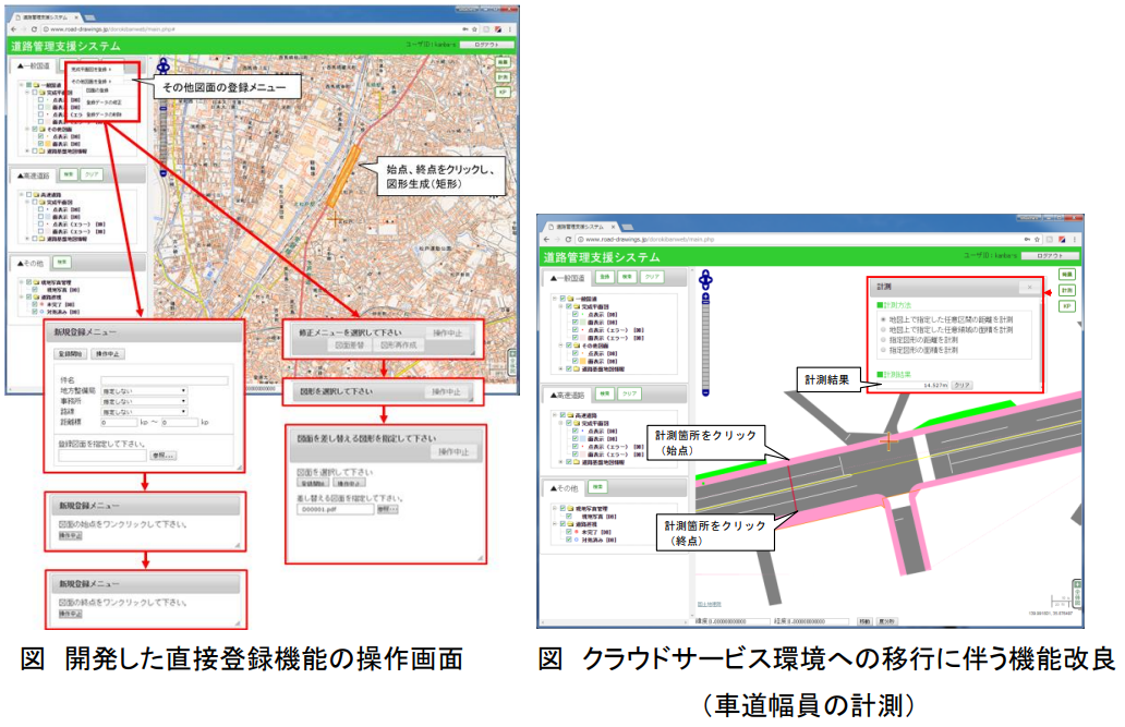 直接登録機能の操作画面とクラウドサービス環境への移行に伴う機能改良一例（道路幅員の計測）